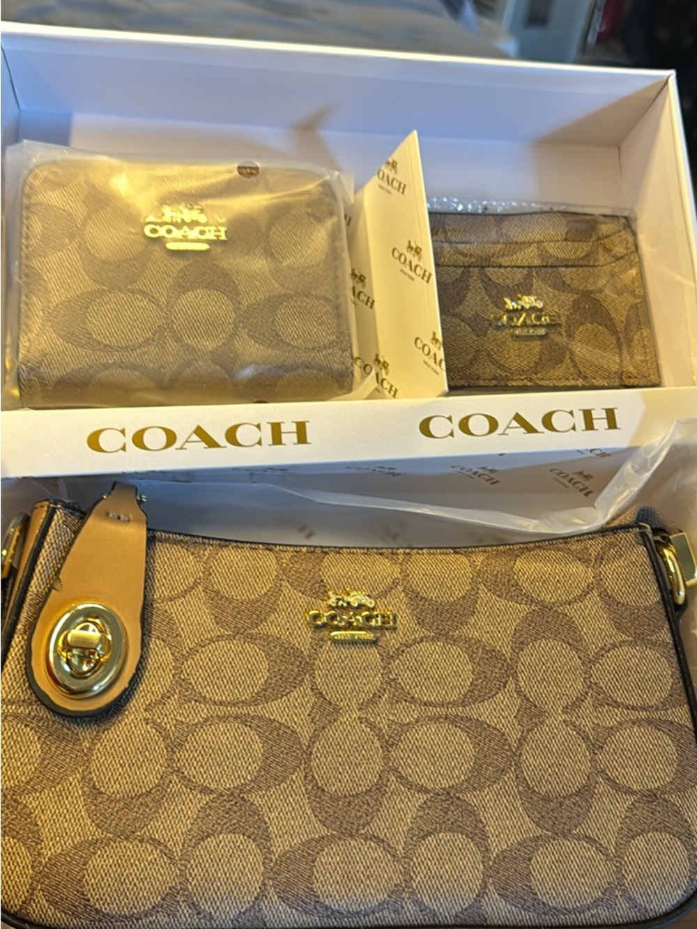 COACH Brown Signature Canvas Crossbody with Matching Wallet and Card Case